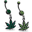 Black coated navel ring with dangling jeweled green pot leaf