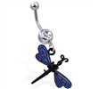 Navel Ring with Dangling Black And Blue Dragonfly