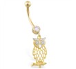 14K Yellow and White Gold belly ring with dangling Owl Charm