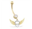 14K Yellow and White Gold belly ring with dangling heart and wings