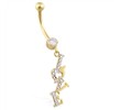 14K Yellow And White Gold Belly Ring with Dangling 