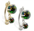 14K Gold reversed belly ring with double Rainbow opal dangle