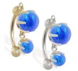 14K Gold reversed belly ring with double Blue opal dangle