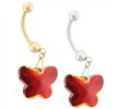 14K Gold Belly Ring with Dangling Red Swarovski Crystal Butterfly