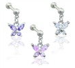 Stainless steel cartilage straight barbell with dangling jeweled butterfly, 16 ga