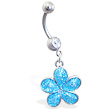 Navel ring with dangling aqua glitter flower