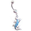 Belly ring with dangling aqua glitter lizard