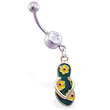 Jeweled belly ring with dangling green flipflop with flowers