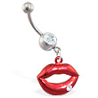 Navel ring with dangling red hot lips with gem