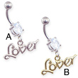 Jeweled belly ring with dangling word 