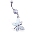 Navel ring with dangling clear glitter butterfly
