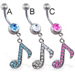 Navel ring with dangling jeweled music note