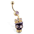 Gold Tone belly ring with dangling jeweled crowned black skull