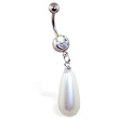 Jeweled Navel Ring with Large Dangling Teardrop Pearl