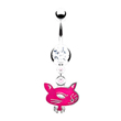 Jeweled navel ring with dangling pink cat
