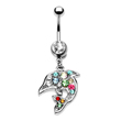 Jeweled belly ring with dangling multi-color dolphin