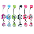 Jeweled navel ring with acrylic beach balls and dangling jeweled beach ball