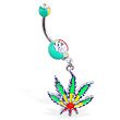Rasta colored double jeweled belly ring with dangling pot leaf