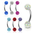 Curved barbell with crystal paved gem balls, 16 ga