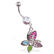 Belly ring with dangling crooked multi-colored butterfly