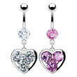 Belly ring with dangling heart with big gems