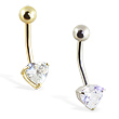 14K Gold jeweled heart belly ring with 3-prongs