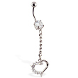 Jeweled dangling belly ring with jeweled heart
