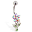 Pink AB flower belly ring with dangling jeweled leaves n stem