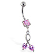 Belly ring with dangling pink hearts on dangle