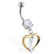 Navel ring with dangling gold colored heart with gems