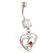 Navel ring with dangling double hearts with gems