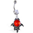 Navel ring with large dangling red stone with bat wings