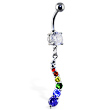 Navel ring with curved rainbow jeweled dangle