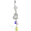 Navel ring with dangling jeweled heart and multi-colored dangles