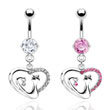 Belly ring with dangling jeweled heart with cat
