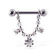 Nipple ring with dangling jeweled chain and flower, 12 ga or 14 ga