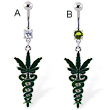 Belly ring with dangling medical snakes and pot leaf