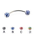 Curved barbell with epoxy striped balls, 18 ga