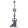 Navel ring with dangling crowned skull biting rose