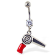 Navel ring with dangling red hair dryer