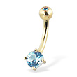 14K Yellow Gold Belly Button Ring With Round Stone And Jeweled Top Ball