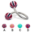 Spiral barbell with acrylic checkered balls, 14 ga