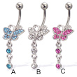 Jeweled butterfly navel ring with two dangling gems