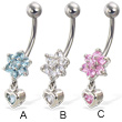 Jeweled flower belly button ring with dangling jeweled heart