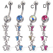 Belly button ring with dangling jeweled butterfly, star, and flower