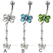 Jeweled butterfly belly button ring with dangling butterfly