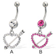 Belly button ring with dangling jeweled heart and arrow
