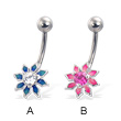 Colored flower navel ring with diamond-shaped petals and gem