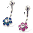 Colored flower belly button ring with five round petals and gem