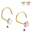 14K Yellow Gold Nose Screw  with Heart -Shaped Cubic Zirconia, 22 Ga